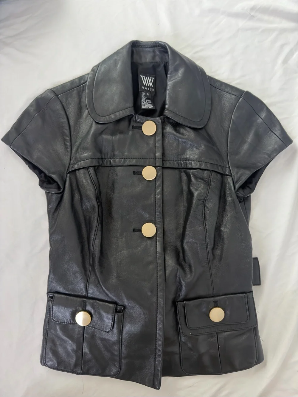 short sleeve leather button top with button waist belt xs-m